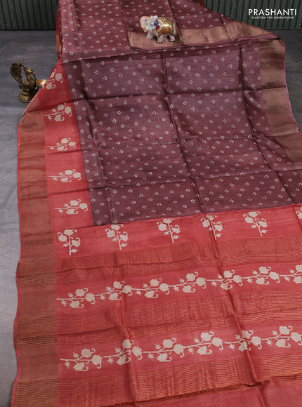 Pure tussar silk saree deep rosy brown and rust shade with allover butta prints and butta printed zari woven border