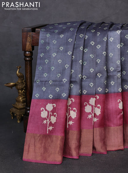 Pure tussar silk saree grey and wine with allover butta prints and butta printed zari woven border