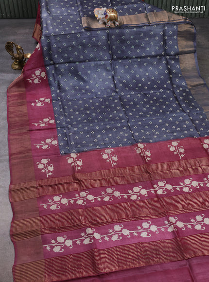 Pure tussar silk saree grey and wine with allover butta prints and butta printed zari woven border