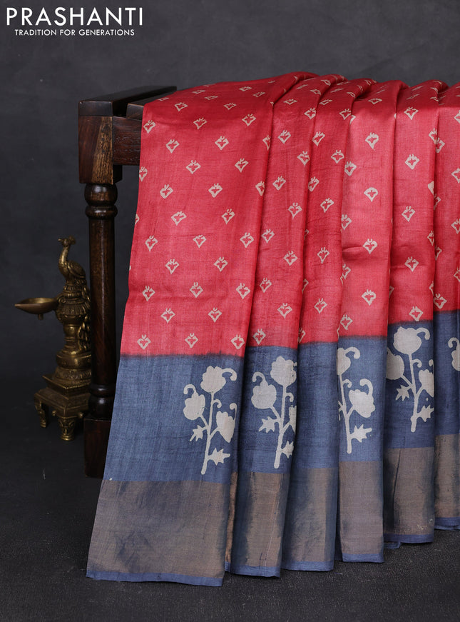 Pure tussar silk saree red shade and grey with allover butta prints and butta printed zari woven border