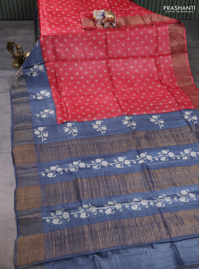 Pure tussar silk saree red shade and grey with allover butta prints and butta printed zari woven border