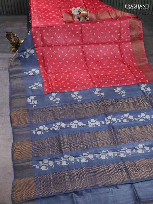 Pure tussar silk saree red shade and grey with allover butta prints and butta printed zari woven border