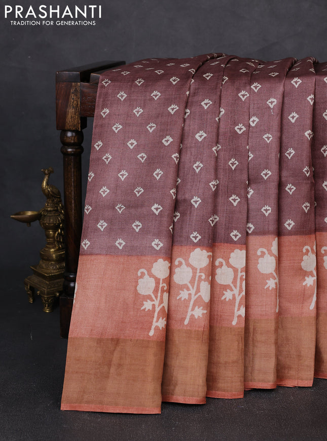 Pure tussar silk saree rosy brown and rust shade with allover butta prints and butta printed zari woven border
