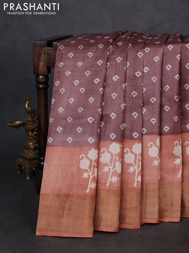 Pure tussar silk saree rosy brown and rust shade with allover butta prints and butta printed zari woven border