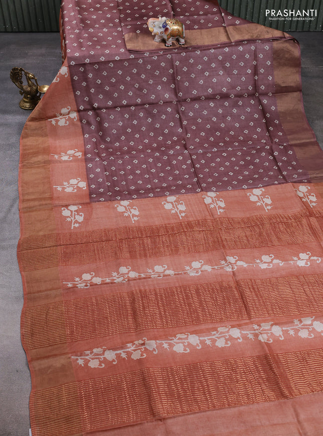 Pure tussar silk saree rosy brown and rust shade with allover butta prints and butta printed zari woven border