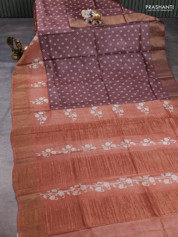 Pure tussar silk saree rosy brown and rust shade with allover butta prints and butta printed zari woven border