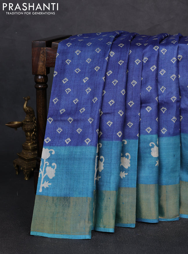Pure tussar silk saree blue and teal blue with allover butta prints and butta printed zari woven border