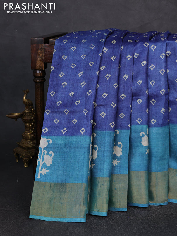 Pure tussar silk saree blue and teal blue with allover butta prints and butta printed zari woven border