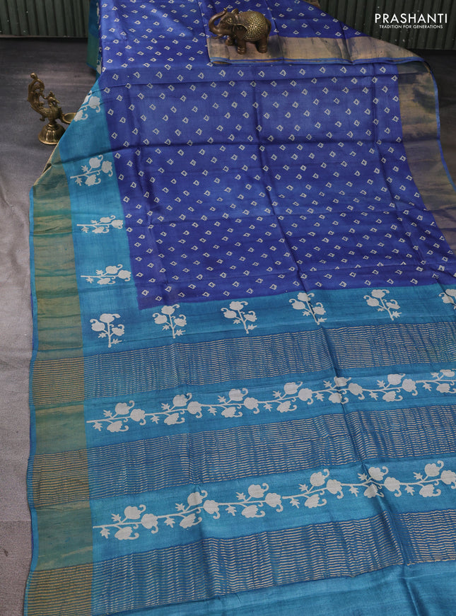 Pure tussar silk saree blue and teal blue with allover butta prints and butta printed zari woven border
