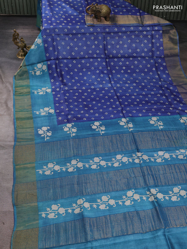 Pure tussar silk saree blue and teal blue with allover butta prints and butta printed zari woven border