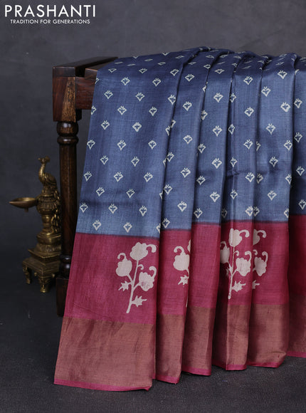 Pure tussar silk saree grey and wine with allover butta prints and butta printed zari woven border