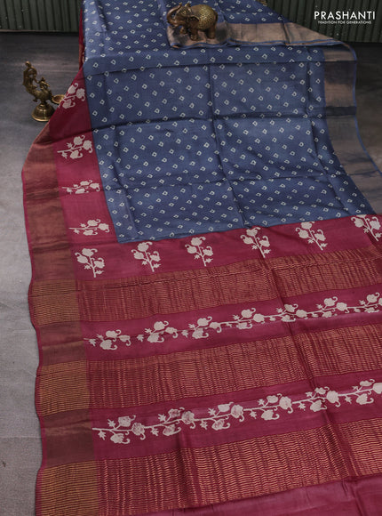 Pure tussar silk saree grey and wine with allover butta prints and butta printed zari woven border