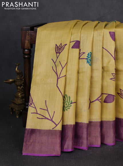 Pure tussar silk saree mustard yellow and purple with allover prints and zari woven border