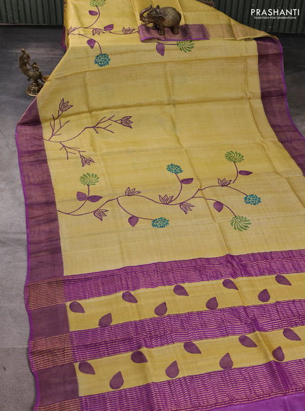 Pure tussar silk saree mustard yellow and purple with allover prints and zari woven border