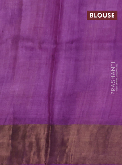 Pure tussar silk saree mustard yellow and purple with allover prints and zari woven border