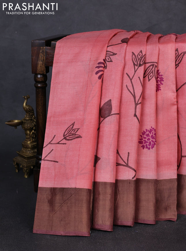 Pure tussar silk saree peach pink and rosy brown with allover prints and zari woven border