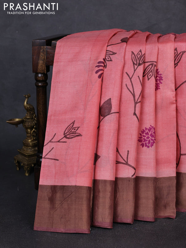 Pure tussar silk saree peach pink and rosy brown with allover prints and zari woven border