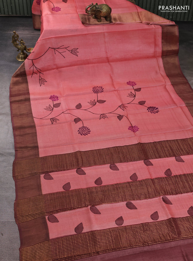 Pure tussar silk saree peach pink and rosy brown with allover prints and zari woven border