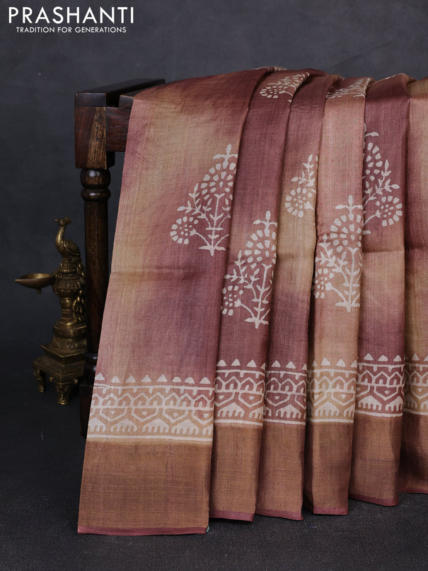 Pure tussar silk saree pastel brown with butta prints and zari woven border