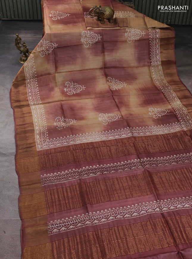 Pure tussar silk saree pastel brown with butta prints and zari woven border