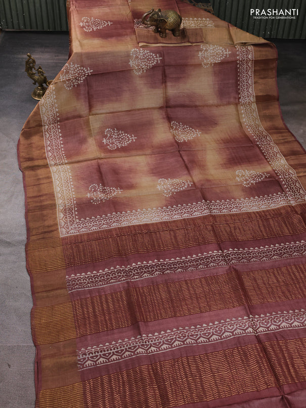 Pure tussar silk saree pastel brown with butta prints and zari woven border