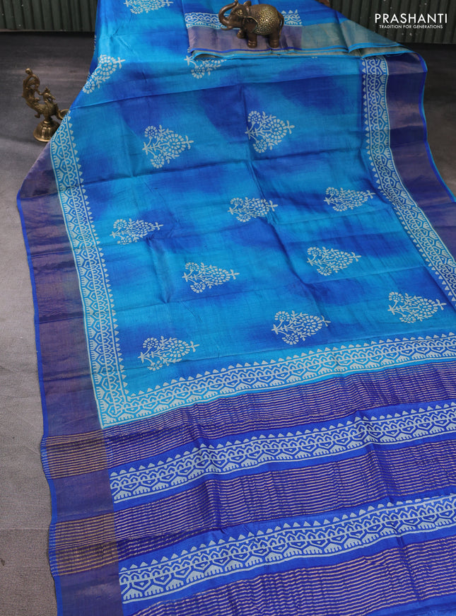 Pure tussar silk saree teal blue and blue with floral butta prints and zari woven border