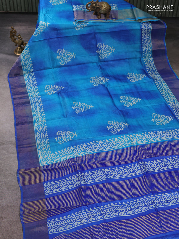 Pure tussar silk saree teal blue and blue with floral butta prints and zari woven border