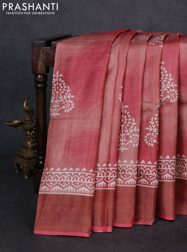 Pure tussar silk saree maroon shade with floral butta prints and zari woven border