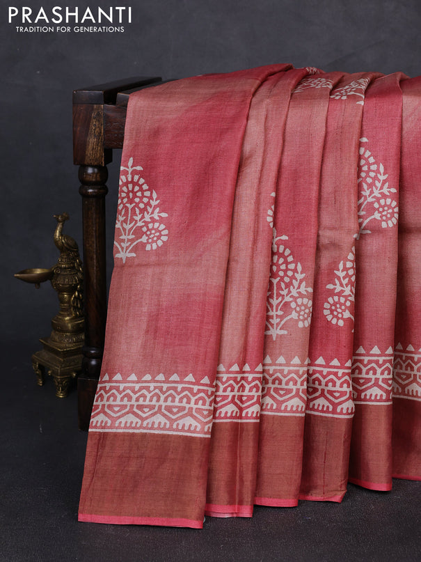 Pure tussar silk saree maroon shade with floral butta prints and zari woven border