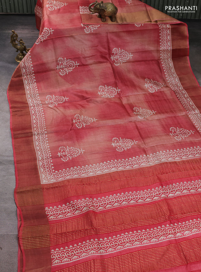 Pure tussar silk saree maroon shade with floral butta prints and zari woven border