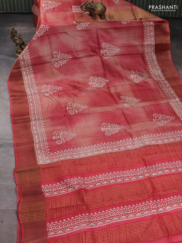 Pure tussar silk saree maroon shade with floral butta prints and zari woven border