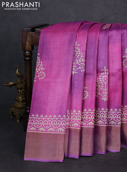 Pure tussar silk saree pink shade and purple with floral butta prints and zari woven border