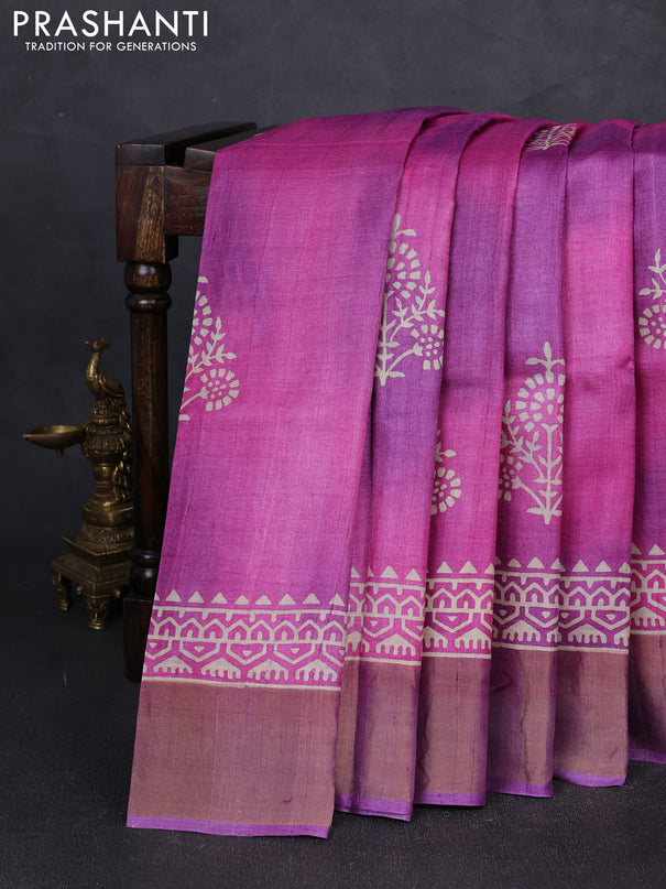 Pure tussar silk saree pink shade and purple with floral butta prints and zari woven border