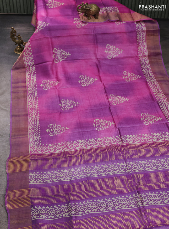 Pure tussar silk saree pink shade and purple with floral butta prints and zari woven border