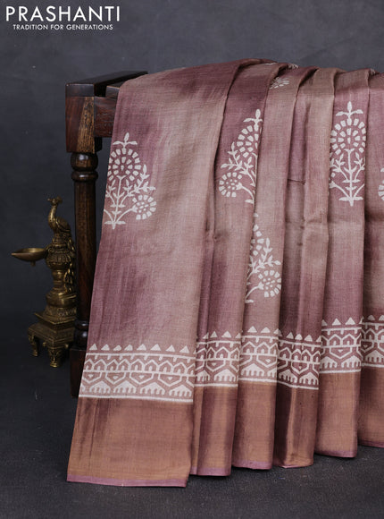 Pure tussar silk saree rosy brown with floral butta prints and zari woven border
