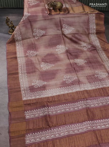 Pure tussar silk saree rosy brown with floral butta prints and zari woven border