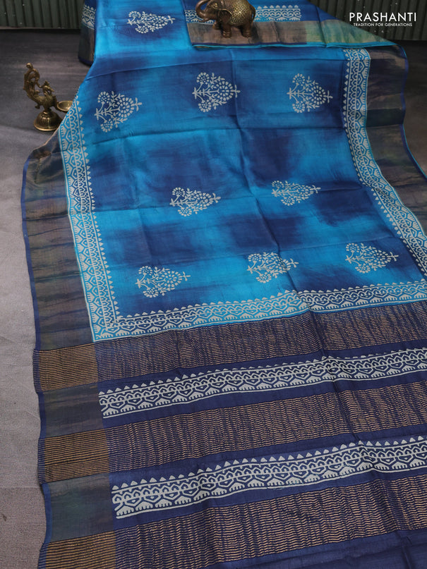 Pure tussar silk saree peacock blue with floral butta prints and zari woven border