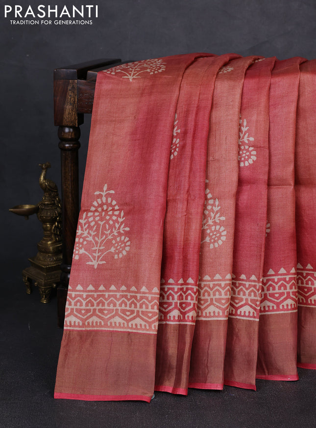 Pure tussar silk saree maroon shade with floral butta prints and zari woven border
