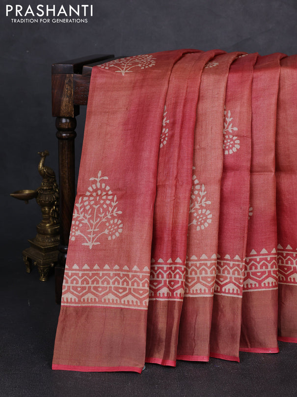 Pure tussar silk saree maroon shade with floral butta prints and zari woven border