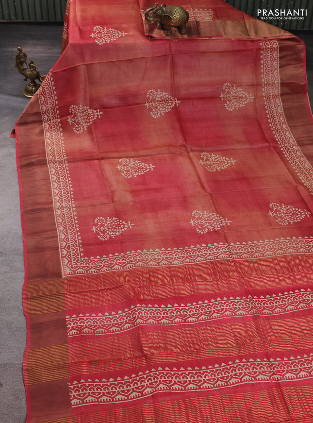 Pure tussar silk saree maroon shade with floral butta prints and zari woven border