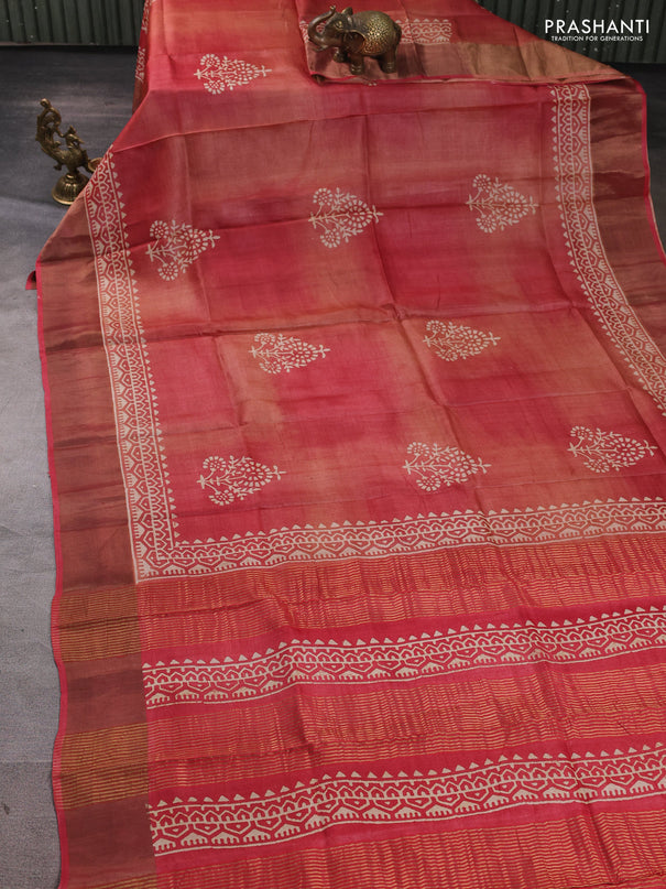 Pure tussar silk saree maroon shade with floral butta prints and zari woven border
