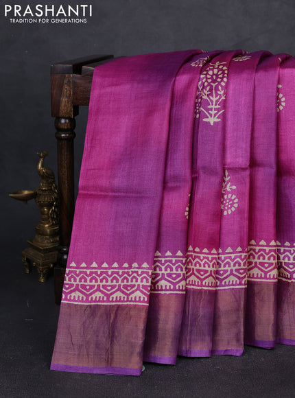 Pure tussar silk saree magenta pink and purple with floral butta prints and zari woven border