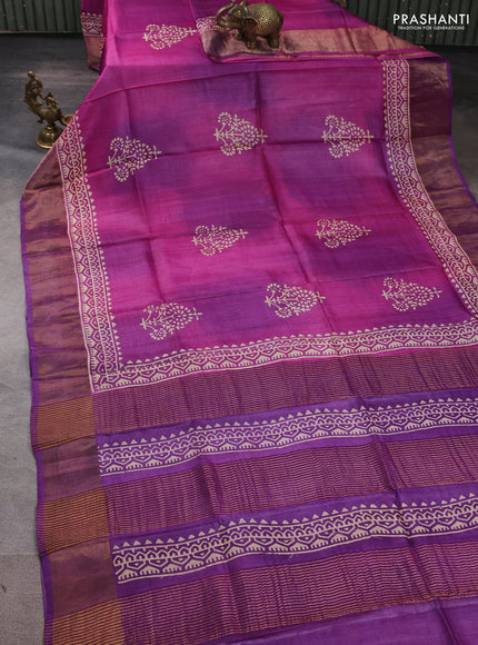 Pure tussar silk saree magenta pink and purple with floral butta prints and zari woven border