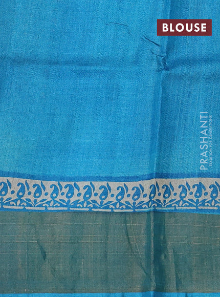 Pure tussar silk saree beige and cs blue with paisley butta prints and long simple zari woven border
