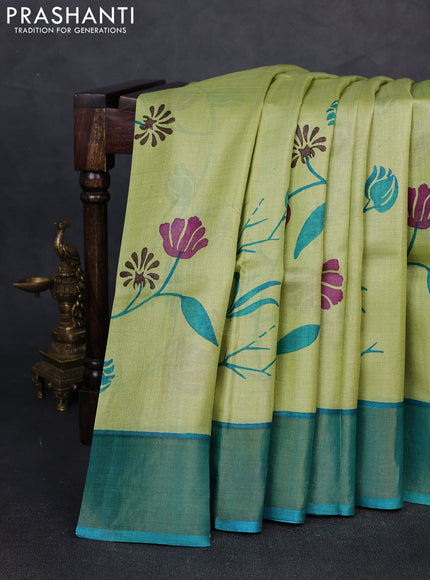 Pure tussar silk saree pista green and teal green with prints and zari woven border