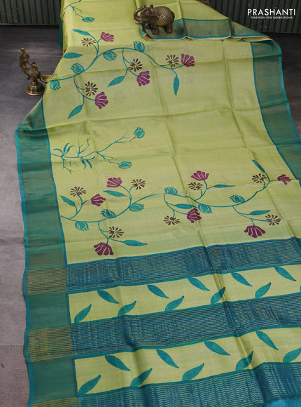 Pure tussar silk saree pista green and teal green with prints and zari woven border