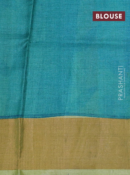 Pure tussar silk saree pista green and teal green with prints and zari woven border