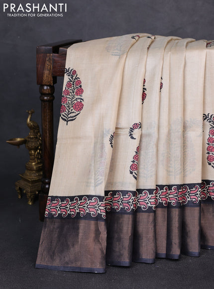 Pure tussar silk saree beige and black with paisley butta prints and zari woven border