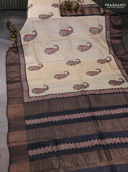 Pure tussar silk saree beige and black with paisley butta prints and zari woven border