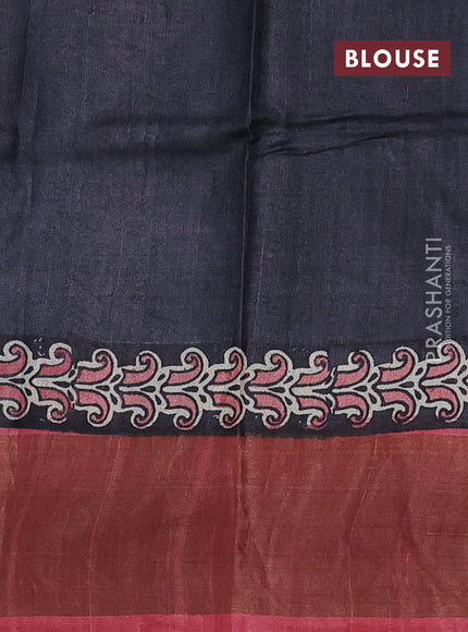 Pure tussar silk saree beige and black with paisley butta prints and zari woven border